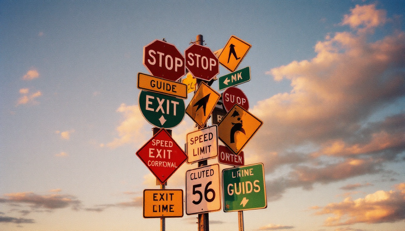 A cluster of MUTCD road signs at a US Interstate exit β stop, warning, guide, and speed-limit signs